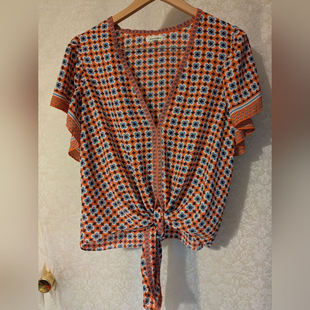 Max Studio Orange Blue Women's Top‎ XL Ties At Waist